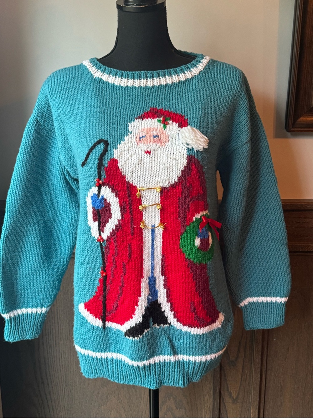 Handmade Teal Santa Motif Holiday Sweater 20” pit to pit